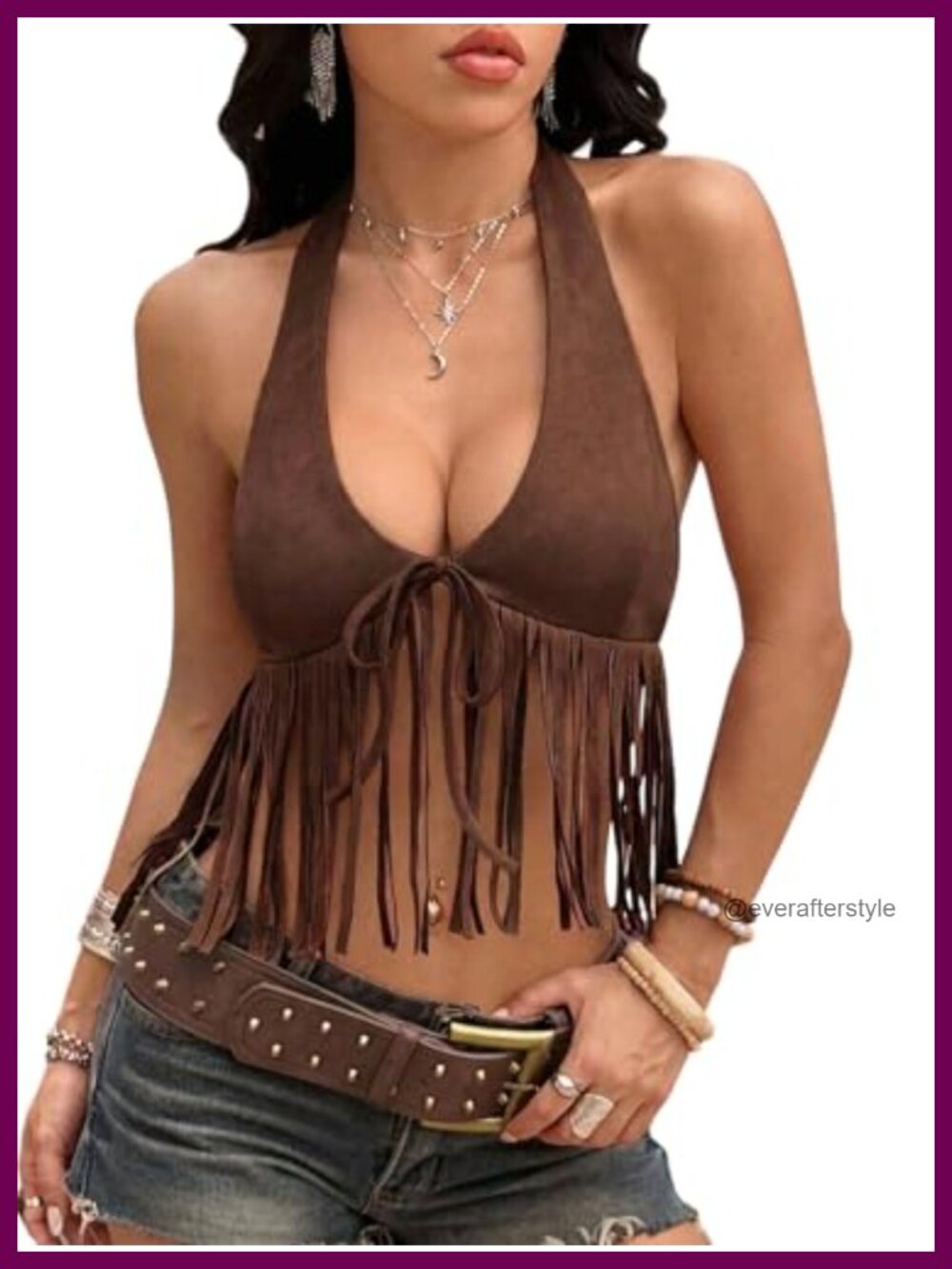 Faux Suede Fringe Halter Crop Top Tie Front Sleeveless Western